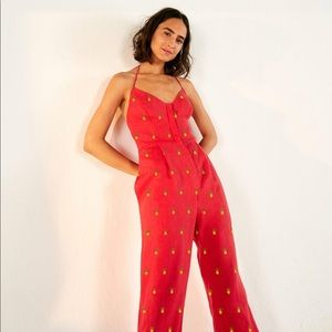 FARM Rio Embroidered Pineapple Linen Blend Jumpsuit Halter Tie